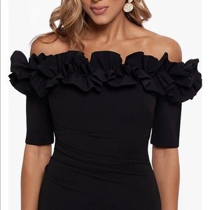 Xscape Ruffle Off-the-Shoulder Short Elbow Sleeve Back Slit Ruched Crepe Gown